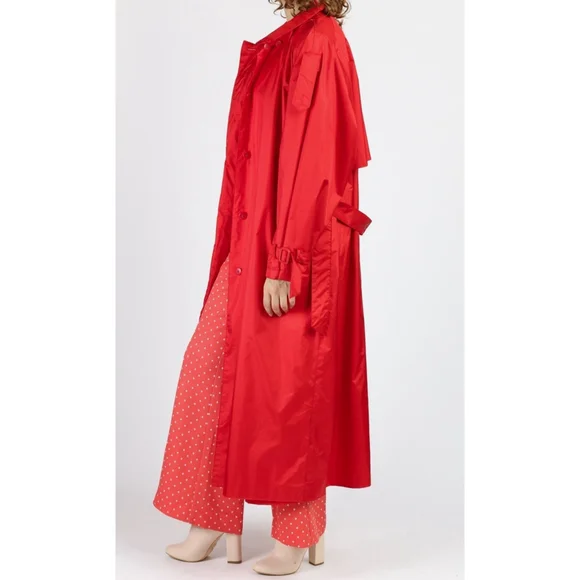 Vintage 80s Paris Sport Club Red Belted Long Nylon Trench Coat Women's 7/8 M - Picture 4 of 16